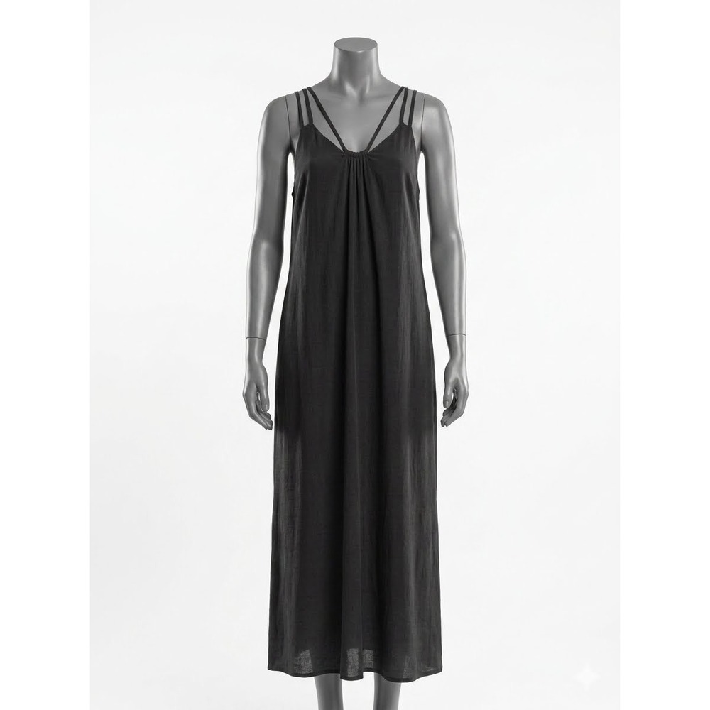 Black Linen Blend Multi Strap V-Neck Maxi Dress with Pockets and Side Slits XL